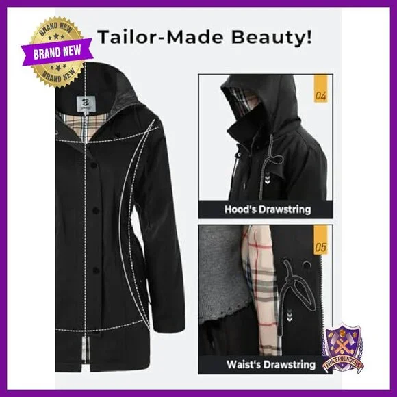 Women's Long Hooded Rain Jacket Water-Resistant Windbreaker Trench Coat - Picture 7 of 7